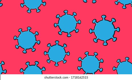Endless seamless pattern of blue dangerous infectious deadly respiratory coronaviruses pandemic epidemic, Covid-19 microbe viruses causing pneumonia on a pink background.