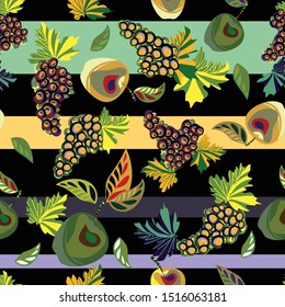 Endless, seamless pattern. Bright, avant-garde, decorative fruits. Apples and grapes. Template for design.
Healthy food advertisement. Packaging, textiles. Vegetarian products. Vector graphics. 