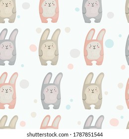 Endless seamless pattern with cartoon cute hares in pink, gray and cream color