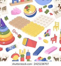 Endless seamless pattern with children's toys for paper or textile. Background for kindergartens and toy stores. Raising kids. Vector illustration isolated on transparent background.