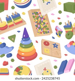 Endless seamless pattern with children's toys for paper or textile. Background for kindergartens and toy stores. Raising kids. Vector illustration isolated on transparent background.