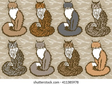 Endless seamless pattern with colorful cats and sketches of birds. Stock vector