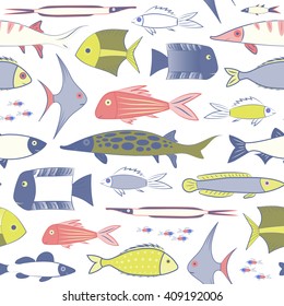 Endless seamless pattern with colorful tropical fish of different shapes and sizes. Background with animals. Stock vector