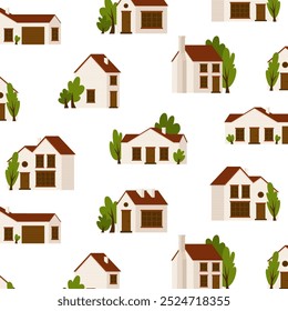 Endless, seamless pattern with country houses of low height and trees. Peaceful village life in your own house. Element for urban and rural landscape. Vector illustration in cartoon style.