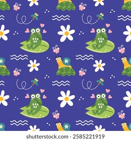 Endless seamless pattern with cute frogs for sewing baby clothes. Purple background for wrapping paper.