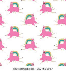 Endless seamless pattern with cute funny pink llamas with rainbow. Animal from South America. Vector illustration with transparent background.