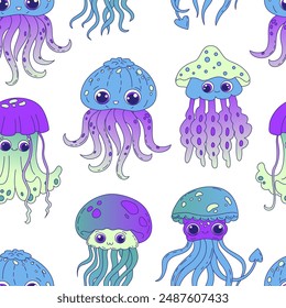 Endless seamless pattern with cute jellyfish. Sea characters with big eyes. Children's illustration for textiles and wrapping paper. Vector.