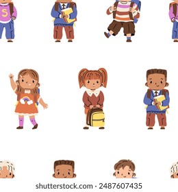 Endless seamless pattern with cute kids in elementary school. Children's characters with backpacks. Print for children's fabrics and wrapping paper. Vector illustration on a transparent background.