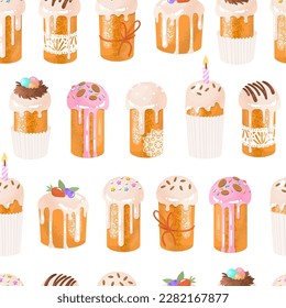 Endless seamless pattern for decorating Easter paraphernalia.The traditional celebration of Easter in April.  Sweet pastries covered with icing. Vector illustration.
