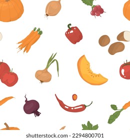 Endless, seamless pattern with different types of vegetables. Decor for kitchen, grocery store, farm products. Vector illustration. Transparent background.