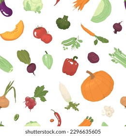 Endless, seamless pattern with different types of vegetables. Decor for kitchen, grocery store, farm products. Vector illustration. Transparent background.