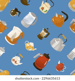 Endless, seamless pattern with different types of kettles, teapots and coffee pots. Decor for the kitchen, cafe and home appliances store. Vector illustration.