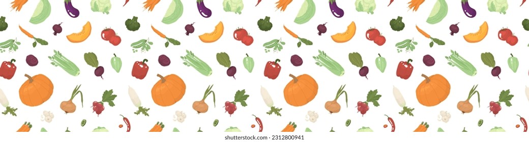 Endless, seamless pattern with different types of vegetables. Decor for kitchen, grocery store, farm products. Vector illustration. Transparent background.