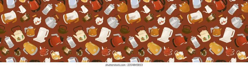 Endless, seamless pattern with different types of vegetables. Decor for kitchen, grocery store, farm products. Vector illustration. Transparent background.