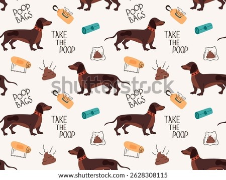 Endless, seamless pattern with dogs and bags for cleaning up poop. Keeping and walking pets. Responsibility for your pet and the environment. Vector illustration, for textiles, backgrounds, packaging