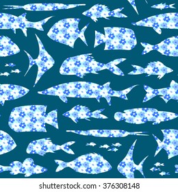 Endless seamless pattern with fishes of different shapes and sizes. The creative background.Fish with cute floral fill. Vector illustration