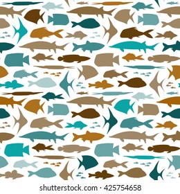 Endless seamless pattern with fishes of different colors and shapes.-stock vector