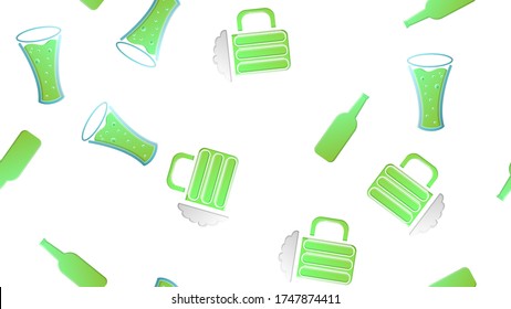 Endless seamless pattern of green beautiful glass beer bottles and glasses with alcohol tasty light beer foamy lager hop lager on a white background. Vector illustration.