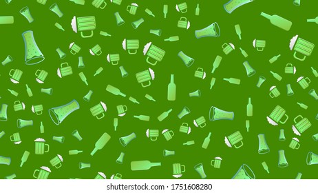 Impermeable patrón de hermosas botellas de cerveza de vidrio verde y vasos con sabrosa cerveza ligera alcohólica, lager de lúpulo espumoso sobre un fondo verde. Ilustración vectorial.