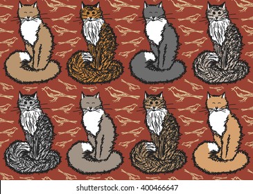 Endless seamless pattern with hand-drawn cats and birds