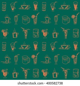 Endless seamless pattern with hand-drawn drinks in Doodle style