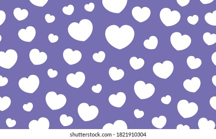 Endless seamless pattern of hearts of different sizes. White vector hearts on purple. Wallpaper for wrapping paper. Background for Valentine's Day