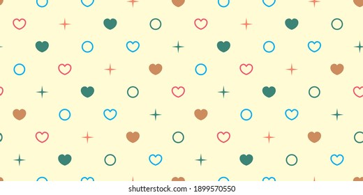Endless seamless pattern of hearts of different colors, circles and dots. Green blue pink vector hearts on yellow. Wallpaper for wrapping paper. Background for Valentine's Day