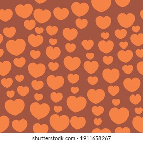 Endless seamless pattern of hearts of different sizes. Orange vector hearts on brown. Wallpaper for wrapping paper