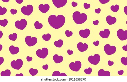 Endless seamless pattern of hearts of different sizes. Purple vector hearts on yellow. Wallpaper for wrapping paper