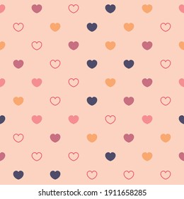 Endless seamless pattern of hearts of different colors, circles and dots. Orange red pink vector hearts on Beige. Wallpaper for wrapping paper. Background for Valentine's Day