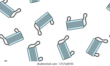 Endless seamless pattern with medical disposable masks and respiratory masks for protection against the deadly coronavirus pandemic pandemic, Covid-19 virus germs on a white background.