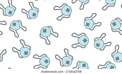 Endloses nahtloses Muster mit medizinischen Einwegmasken und Atemmasken zum Schutz vor der tödlichen Koronavirus-Pandemie, Covid-19-Viruskeime auf weißem Hintergrund.