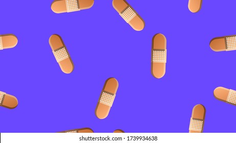 Endless seamless pattern of medical medical scientific objects of disinfecting beige adhesives for the treatment of wounds and cuts on a blue background. Vector illustration.