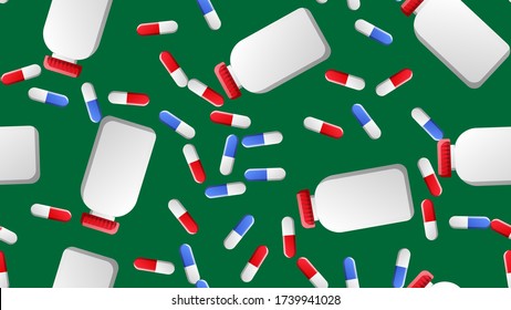 Endless seamless pattern of medical scientific medical items of pharmacological jars for pills and medicine pills capsules on a green background. Vector illustration.