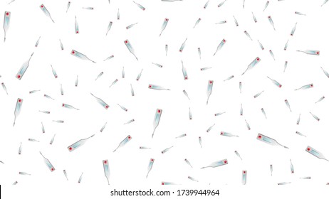 Endless seamless pattern of medical scientific medical objects of modern digital thermometers for measuring temperature on a white background. Vector illustration.