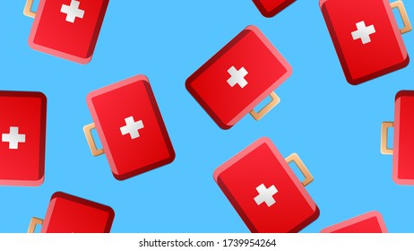 Endless seamless pattern of medical scientific medical items of first aid pharmacies on a blue background. Vector illustration.