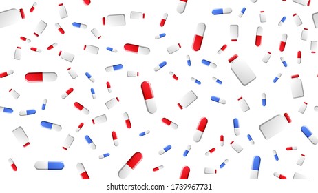 Endless seamless pattern of medical scientific medical items of pharmacological jars for pills and medicine pills capsules on a white background. Vector illustration.