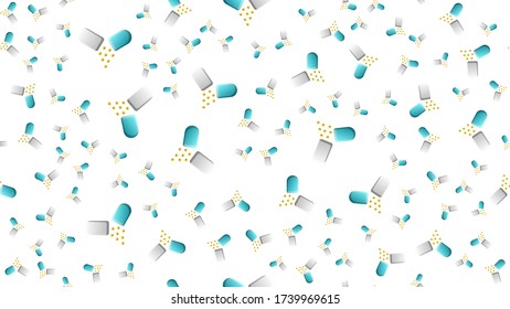 Endless seamless pattern of medical scientific medical items, pharmacological tablets and medications, pill capsules on a white background. Vector illustration.
