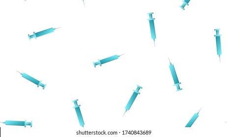 Endless seamless pattern of medical scientific medical items, pharmacological disposable sharp syringes for injections and vaccines on a white background. Vector illustration