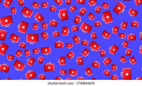 Endless seamless pattern of medical scientific medical items of first aid pharmacies on a blue background. Vector illustration