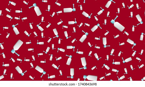 Unendliches nahtloses Muster medizinisch wissenschaftlicher Tropfen und Sprays für Nase und Rachen aus einer laufenden Nase und Halsschmerzen auf rotem Hintergrund. Vektor-Abbildung