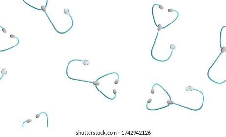 Endless seamless pattern of medical scientific medical subjects stethoscopes phonendoscopes for listening to the heart and lungs and diagnosing pneumonia on a white background. Vector illustration.