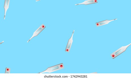 Endless seamless pattern of medical scientific medical objects of modern digital thermometers for measuring temperature on a blue background. Vector illustration.