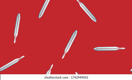 Endless seamless pattern of medical scientific medical items of glass mercury thermometers for measuring temperature on a red background. Vector illustration.