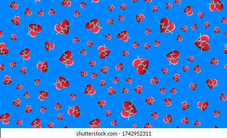 Endless seamless pattern of medical scientific medical objects of hearts with a cardiogram and pulse on a blue background. Vector illustration.
