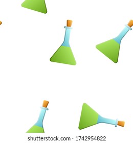 Patrón ininterrumpido de suministros médicos científicos médicos, frascos y frascos químicos verdes de laboratorio sobre un fondo blanco. Ilustración vectorial.