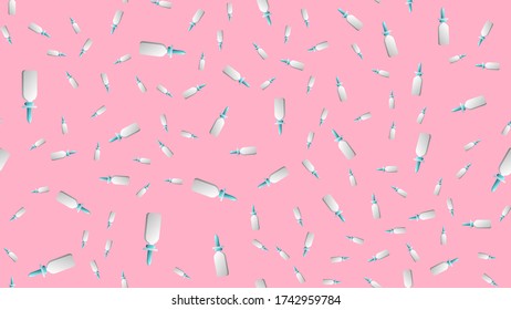 Patrón incesante de artículos médicos científicos médicos gotas y pulverizadores para la nariz y la garganta de una nariz molida y dolor de garganta en un fondo rosado. Ilustración vectorial.