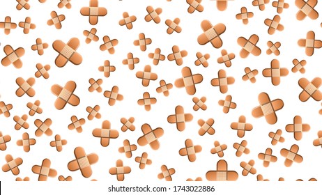 Endless seamless pattern of medical medical scientific objects of disinfecting beige adhesives for the treatment of wounds and cuts on a white background. Vector illustration.
