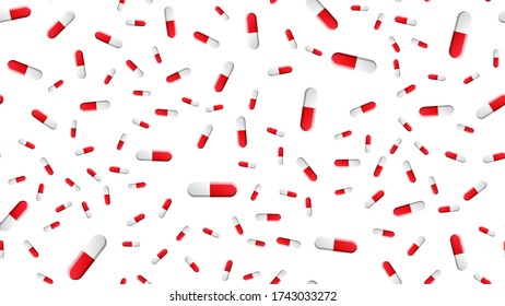 Patrón ininterrumpido de artículos médicos científicos médicos, comprimidos y medicamentos farmacológicos, cápsulas de píldora sobre fondo blanco. Ilustración vectorial.