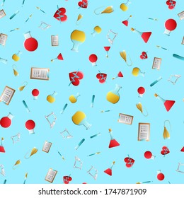 Endless seamless pattern of medical scientific medical objects icons of droppers of hearts with the pulse of flasks of documents and microscopes on a blue background. Vector illustration.